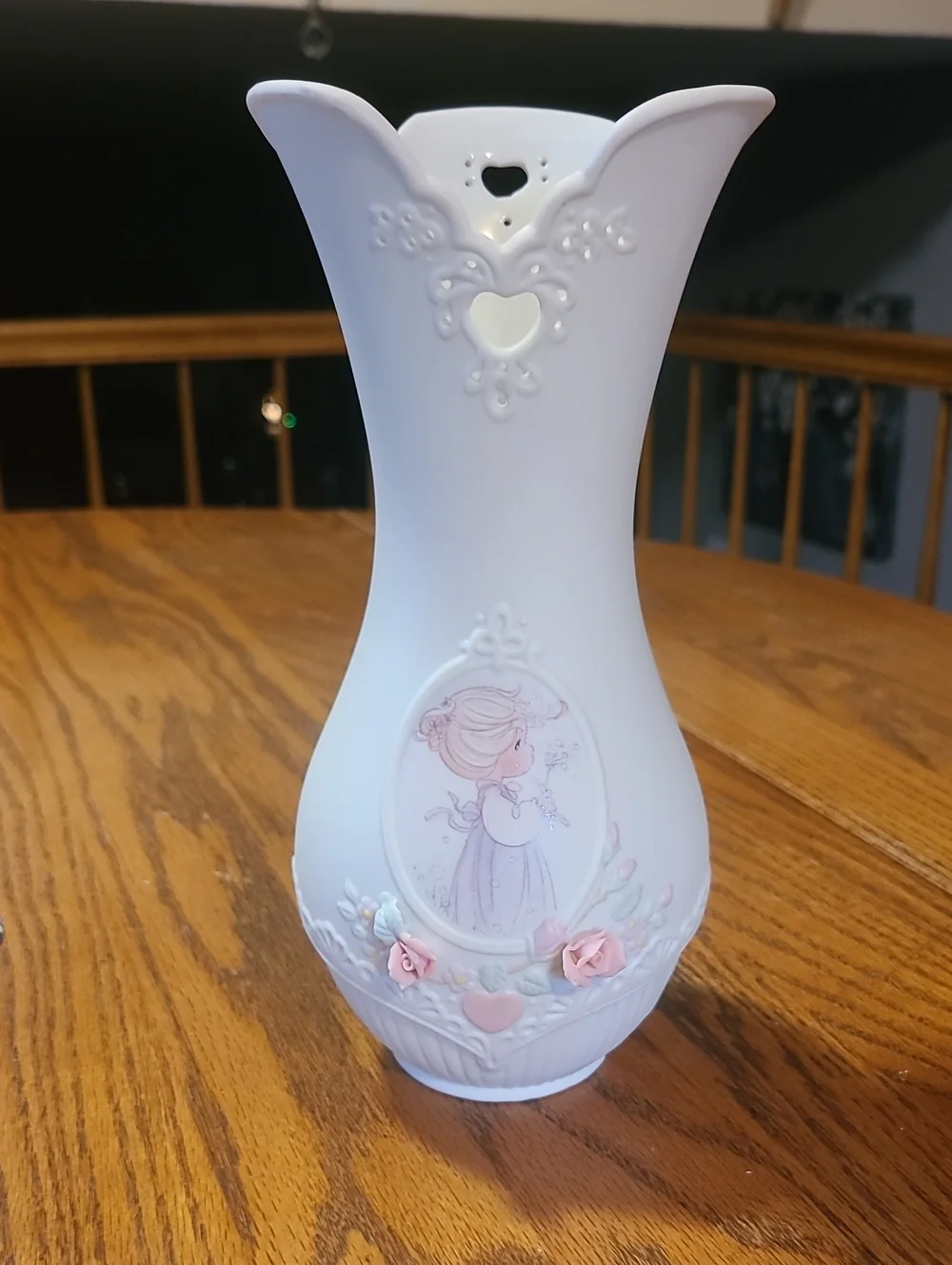 Precious Moments White and Pink Porcelain Vase with Girl Motif